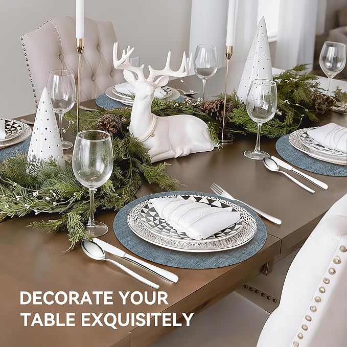 13" Round Placemats Set of 6, Reversible Faux Leather Heat Resistant Table Mats, Waterproof Oilproof Wipeable Table Protective Placemats for Vinyl, Washable for Indoor & Outdoor Use (6, Light Blue)