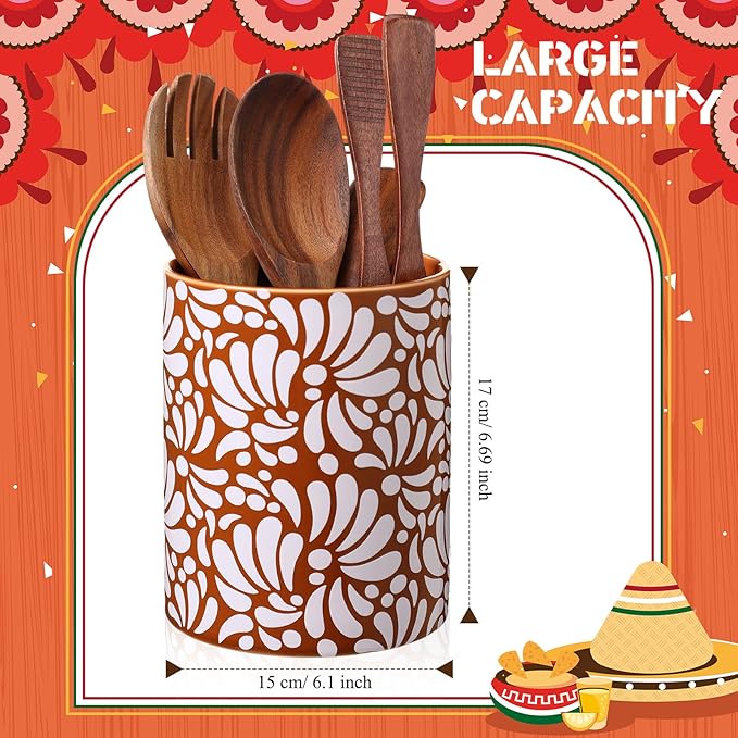 Kathfly Talavera Utensil Holder 6.7" H Large Ceramic Mexican Kitchen Utensil Crock Spatula Spoon Rest Holder Ceramic Mexico Decor for Kitchen Countertop Housewarming Gift