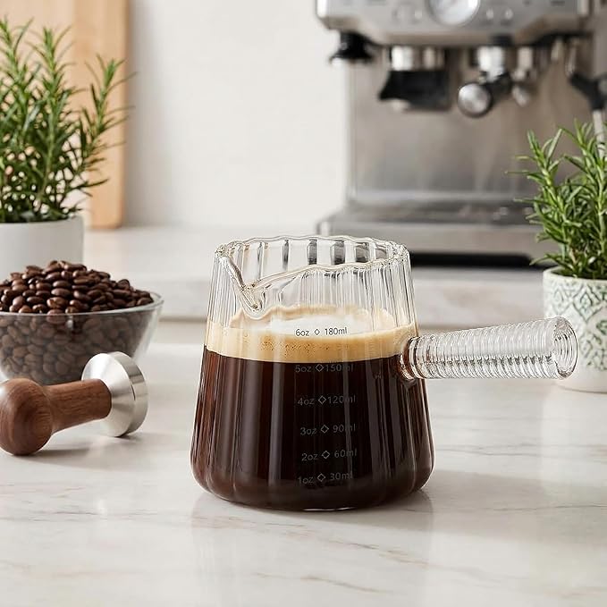 6oz Espresso Measuring Cup, V-spout Glass Espresso Shot Cup with Handle and Two Measuring Scale, Essentials Accessories for Espresso Machine and Coffee Bar