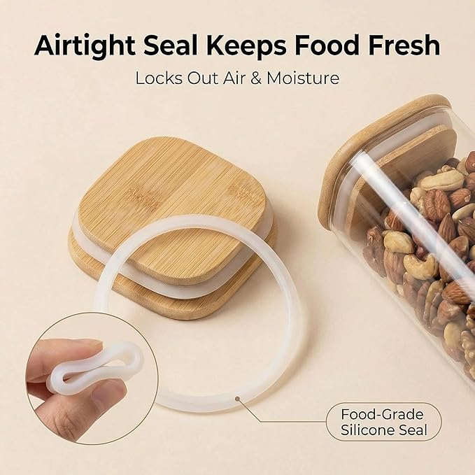 Airtight Glass Storage Containers with Lids Set of 6, 25 /37 /50oz Square Glass Jars with Bamboo Lids, Kitchen Canister Set for Pantry Organization Food Storage for Flour Sugar Rice Pasta Cereal