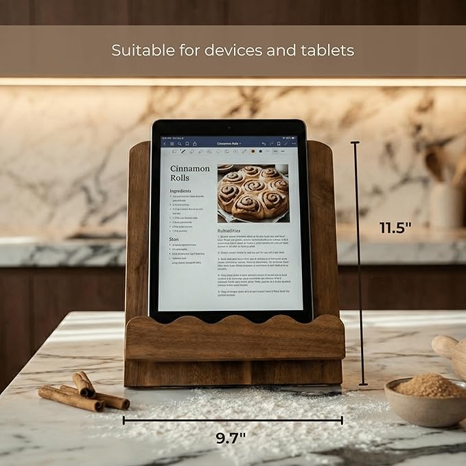 Beautiful Wooden Cookbook Stand for Your Kitchen Counter – Solid Wood Scalloped Book Holder Keeps Cookbooks & Tablets Open, Stable 2-Piece Slot Design, Easy-Clean, Perfect for Everyday Cooking