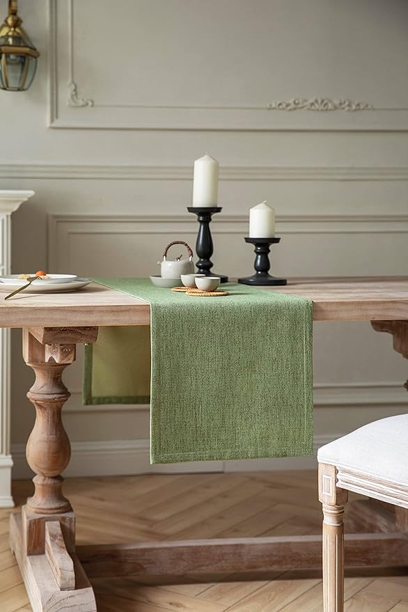 ZeeMart Burlap Style Farmhouse Table Runners 90 Inches Long, Green Rustic Woven Dining Table Runner for Everyday Use, 14x90 Inches, Grass Green