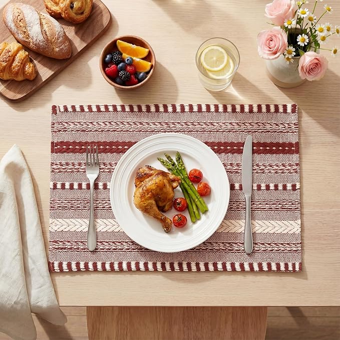Artoid Mode Red Farmhouse Woven Braided Stripe Placemats Set of 4,12x18 Inch Seasonal Holiday Table Mats Party Kitchen Dining Decoration