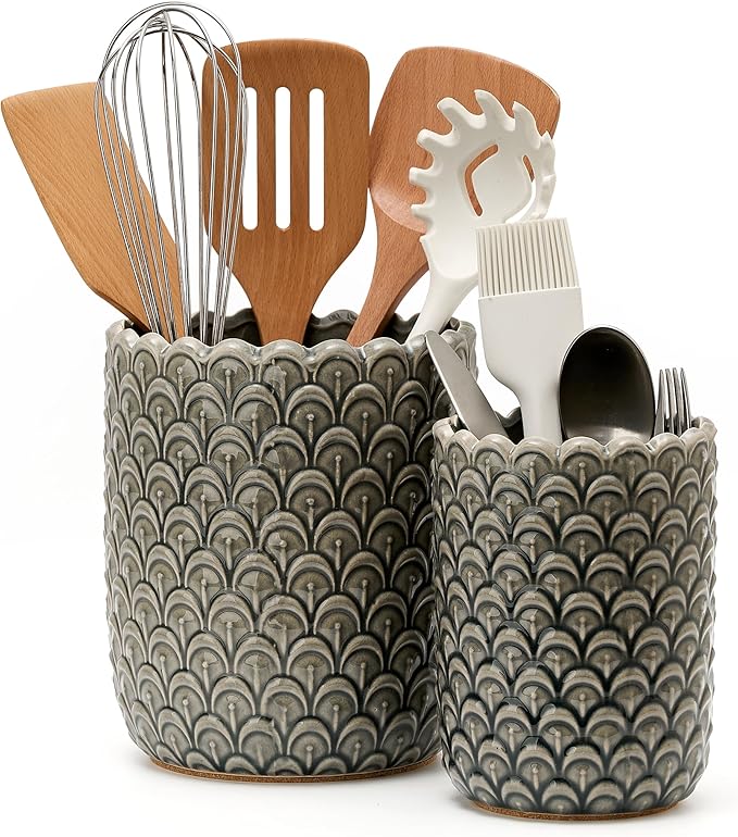 JIEMEI HOME Kitchen Utensil Holder, Large 7.5"+6.2" Petal Ceramic Utensil Crock for Countertop, Utensil Holder with Cork Mat, Morden Utensil Organizer for Spatula, Kitchen Decor, Set of 2-Grayish Blue