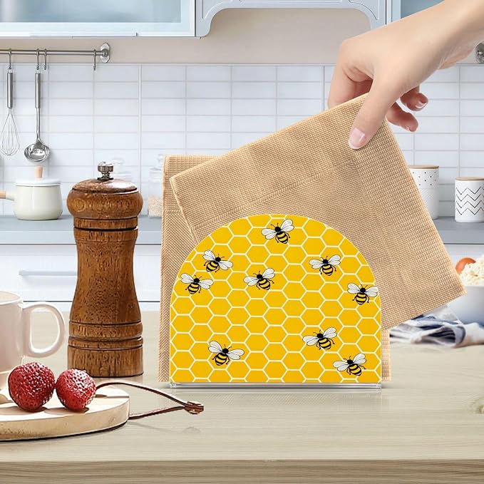 Yellow Bees and Honey Napkin Holder for Tables Paper Cocktail Napkin Holders for Kitchen and Dinning, Acrylic Dinner Napkin Dispenser for Restaurant Home Decor Bar Accessories 1 Pack
