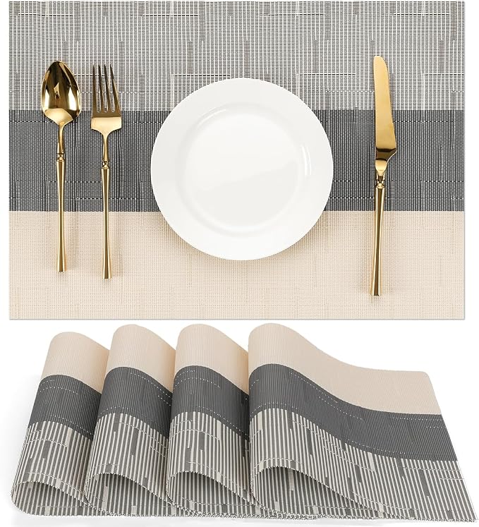 Placemats Set of 4, Vinyl Woven Place Mats Indoor Set of 4 Washable Wipeable PVC Table Mats Heat-Resistant Non Slip Placemat for Kitchen Dining Outdoor Table (Beige Dark Gray, Set of 4)