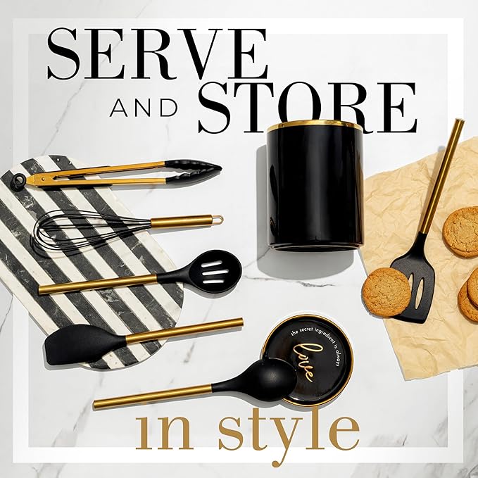 STYLED SETTINGS Black and Gold Kitchen Utensils Set – 8 Piece Silicone Cooking Utensils with Gold Handles, Black Ceramic Utensil Holder & Spoon Rest – Heat Resistant, Nonstick Safe, Sleek Storage