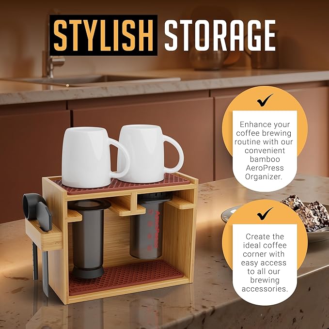 HEXNUB - AeroPress Organizer Stand, Bamboo Coffee Caddy Station for AeroPress Coffee Maker Accessories, Filter Holder, Mug Storage Rack, Silicone Drip Mats - Brown Mats