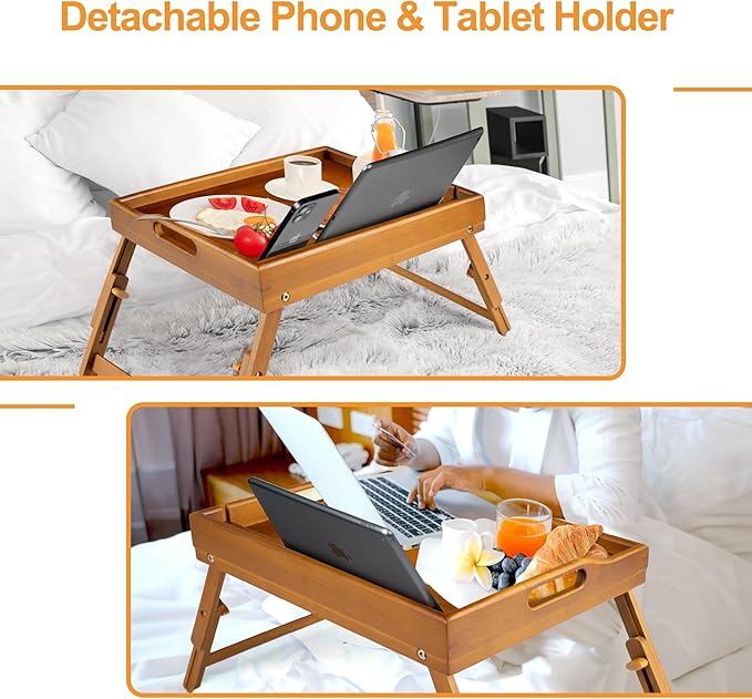 Greenual 2 Pack Bed Tray Table with Handles Folding Legs, Bamboo Breakfast Food Tray with Media Slot, Use As Platter, Laptop Desk, Snack, TV Tray Kitchen Serving Tray(Brown)