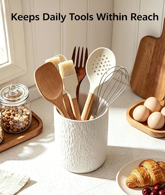 Kitchen Utensil Holder for Countertop, Ceramic Utensil Crock with Ripple Texture, Heavyweight White Kitchen Organizer for Spatulas, Spoons & Cooking Tools, Modern Minimalist Counter Decor