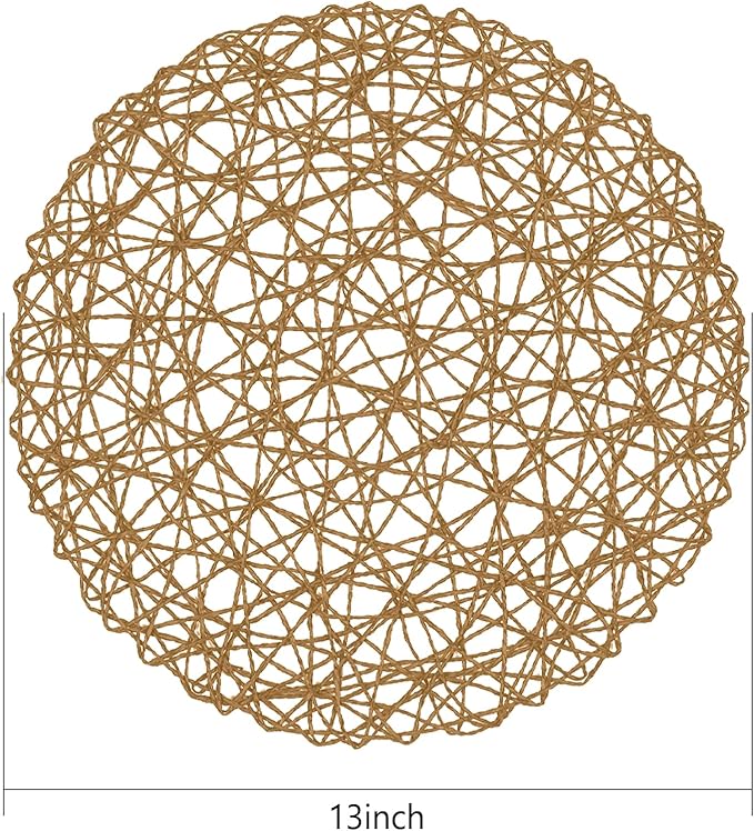 AHHFSMEI Paper Braided Round Placemats Set of 6 Natural Non-Slip Heat Resistant Table Mats for Dining Tables Woven Indoor & Outdoor Place mats(Brown)