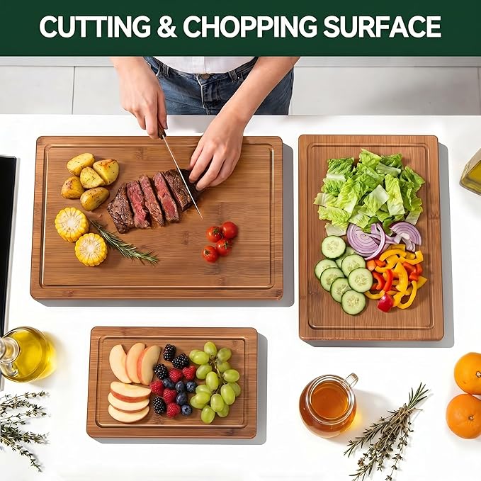 Bamboo Cutting Board Set – Large Knife-Friendly Boards with Juice Groove & Non-Slip Feet, Durable Wood Chopping Boards for Meat, Cheese, Veggies, Home Chefs & Kitchen Gift for Father's Day