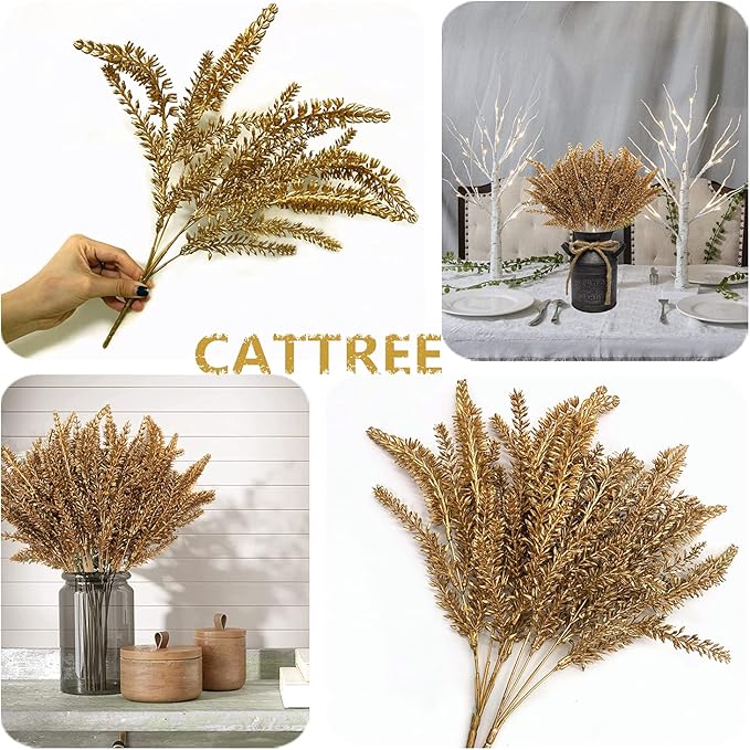 CATTREE Christmas Artificial Golden Plants, Plastic Grass Faux Shrubs Fake Lavender Leaves Simulation Wheat Ears Bushes Home Indoor Wedding Party Decoration Hall Table Planter Filler - Gold 4 Pack