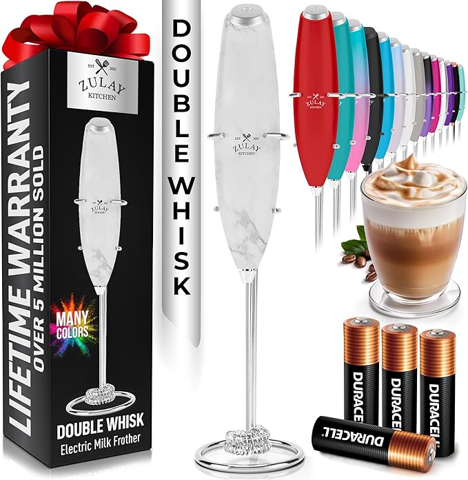 Zulay Kitchen Powerful Milk Frother Wand With Duracell Batteries - Ultra Fast Handheld Drink Mixer - Electric Whisk Foam Maker for Coffee, Lattes, Cappuccino & Matcha - Double Whisk - Quartz