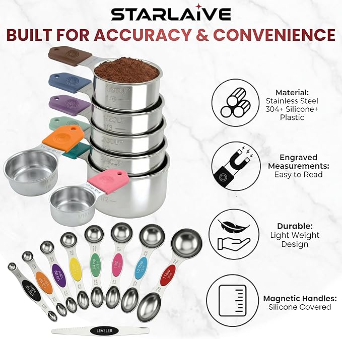 Magnetic Measuring Cups and Spoons Set of 16, 304 Stainless Steel with Multicolor Silicone Handles, 7 Cups, 8 Double-Sided Spoons and Leveler, Laser-Engraved, Stackable, Dishwasher Safe for Baking