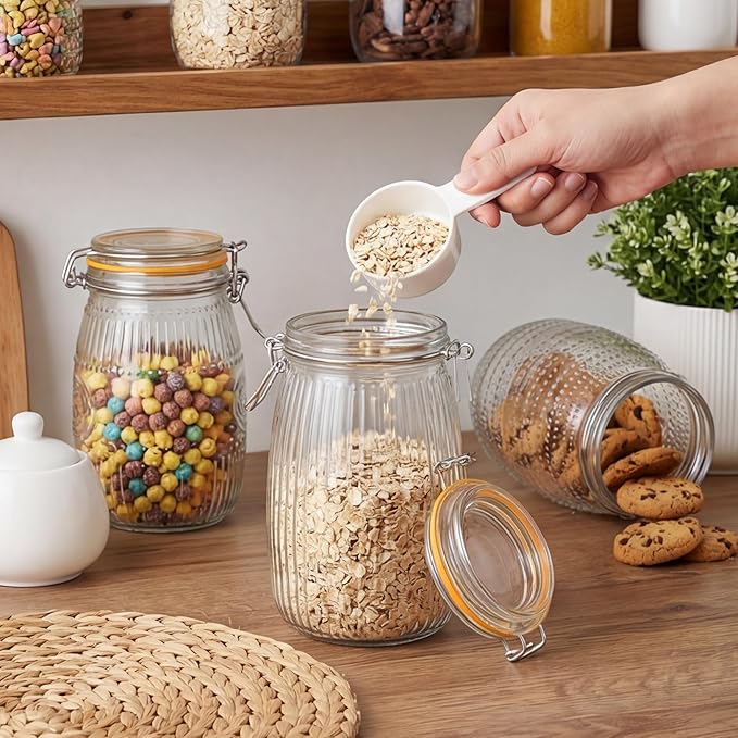 Glass Jars with Airtight Lids, 6Pack 32oz Wide Mouth Mason Jar with Clamp Lids, Food Containers for Grains, Nuts, Noodles, Coffee Beans, Snacks, Fruits, Polka Dots