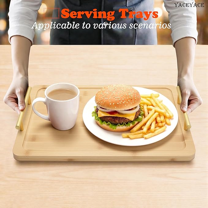Serving Tray with Metal Handles, 14" x9.5 x1.75 Medium Bamboo Serving Trays for Home Decor, Bathroom, Kitchen Counter, Coffee Table