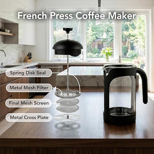 OVENTE French Press Coffee Maker 20 Ounce with Heat Resistant Borosilicate Glass & Stainless Steel 4-Level Filtration System, Portable Cold Brew Coffee Maker for Travel, Camping or Gift, Black FPB20B