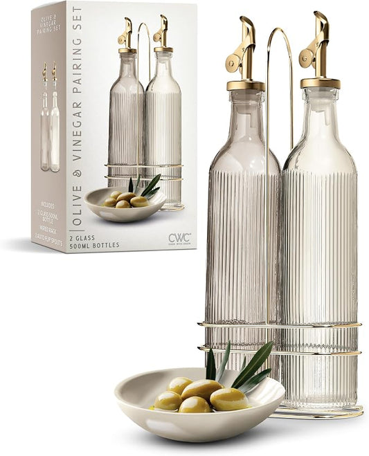 COOK WITH COLOR Glass Olive Oil Bottle Dispenser - 2 Pack- 17oz Oil and Vinegar Cruet - Olive Oil Carafe Decanter for Kitchen, Fluted, Brown