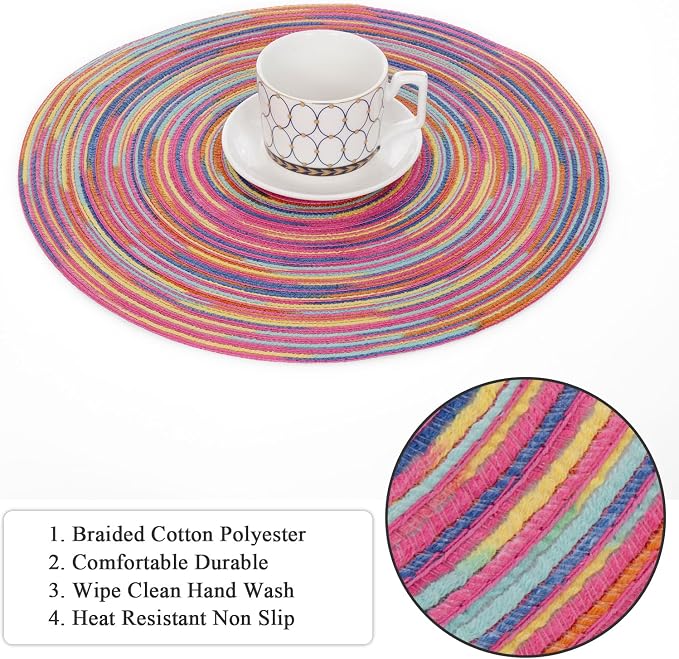 SHACOS 15 inch Round Placemats Set of 6 Variegated Multicolor Place Mats Cotton Polyester Braided Non Slip Washable Heat Resistant Table Mats for Home Wedding Dinner Party Table Decor, Rainbow Pink