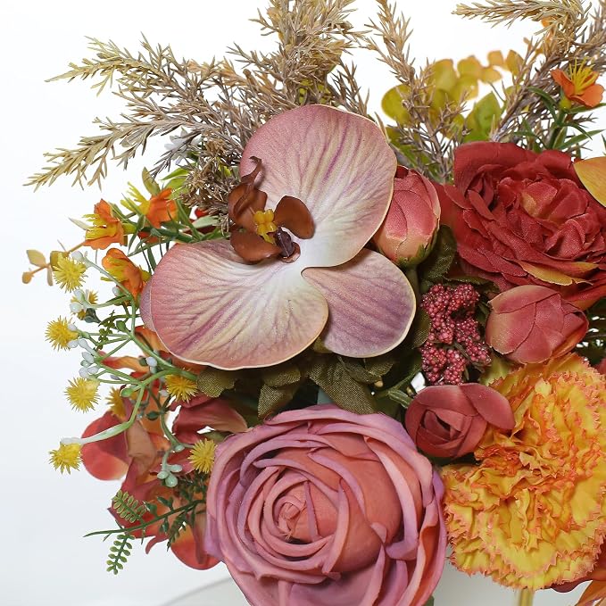 Artificial Flower Arrangement with Ceramic Vase and Gold Metal Stand, Orange and Terracotta Mixed Seasonal Flowers, 12x9 Inches, Silk, Dining Room Centerpiece