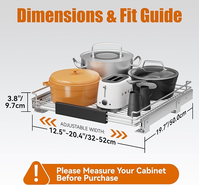 Expandable Pull Out Cabinet Organizer, Slide Out Drawers for Kitchen Cabinets, Heavy Duty Storage Drawers, Chrome Plated Cabinet Wire Shelf, Adjustable Width 12.5~20.2" W x 17.3" D×3..8“H