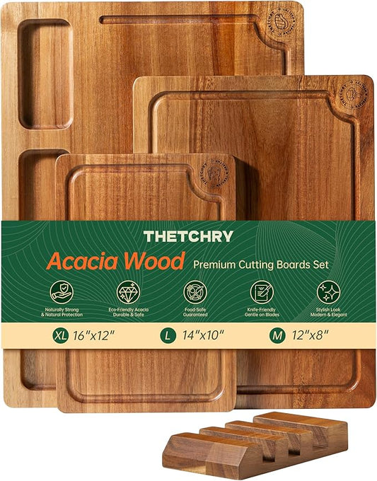 THETCHRY Acacia Wood Cutting Boards for Kitchen, Premium Wood Cutting Board Set with Holder, Chopping Board with Grooves and Built-in Handles, Wooden Charcuterie Board Trays for Meat, Fruit, Cheese