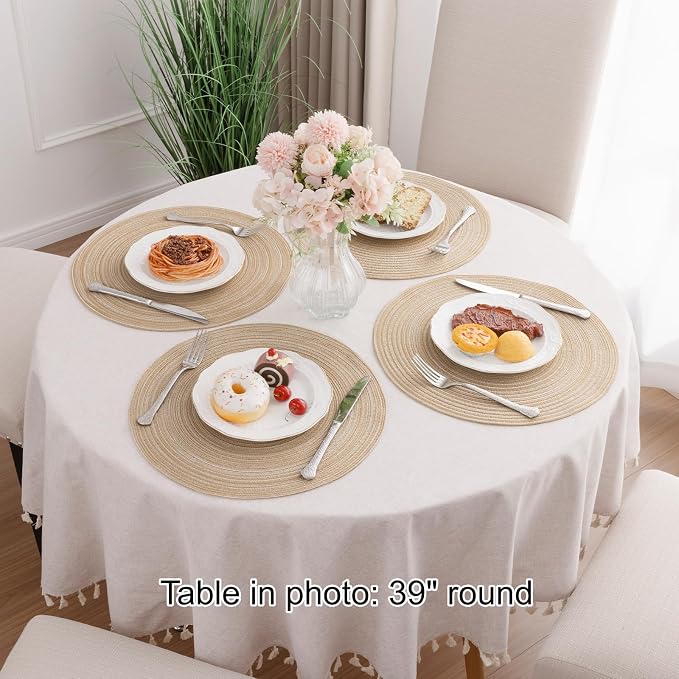 SHACOS Round Braided Placemats Set of 8 Cotton Fabric Round Table Mats Non Slip Washable 15 inch Round Place Mats Home Party Table Decor (Beige, 8)
