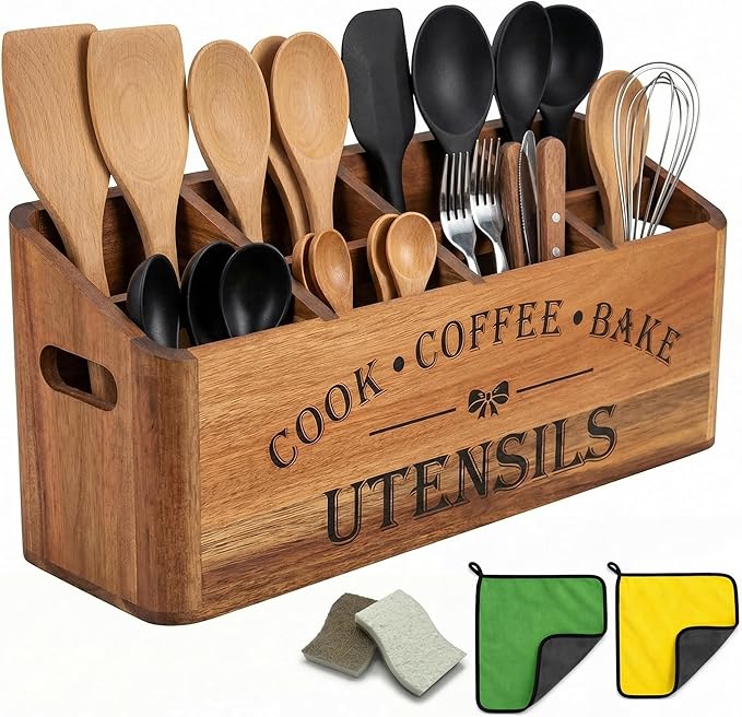 Wooden Kitchen Utensil Holder, Acacia Wood, Extra Large, 4-Compartment, Countertop Organizer, Wall Mount Option, Silverware Storage Caddy, Ventilation Holes & Non-Slip Pads (4 Compartments)