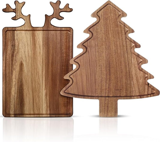 Umigy 2 Pcs Christmas Charcuterie Boards Christmas Tree Wooden Cutting Board with Handle Antler Acacia Wood Cute Cutting Board for Cheese Fruit Bread Salad Vegetables Snack Dessert (Rectangular Elk)