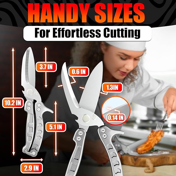 Heavy Duty Poultry Shears – Kitchen Shears Dishwasher Safe, Spring-Loaded, 3Cr14 Steel, Micro-Serrated, Separates for Easy Cleaning | Bone Scissors for Chicken, Turkey, Seafood & Fish Scale (Silver)
