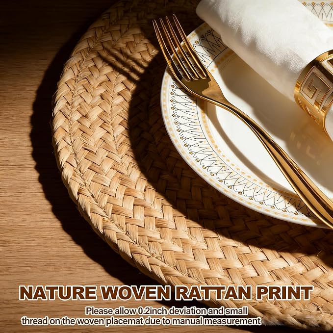 Round Woven Rattan Placemats, Handmade Natural Daffodil Pattern, Bohemian Style, Ideal for Gatherings, Outdoor Picnics, Weddings (Set of 6, 12 Inches Each)