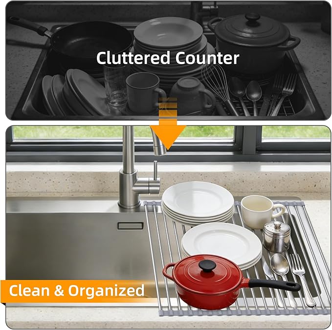 Over Sink Dish Drying Rack, 17" L x 11.8" W, Roll Up Dish Drying Rack for Kitchen, Gray