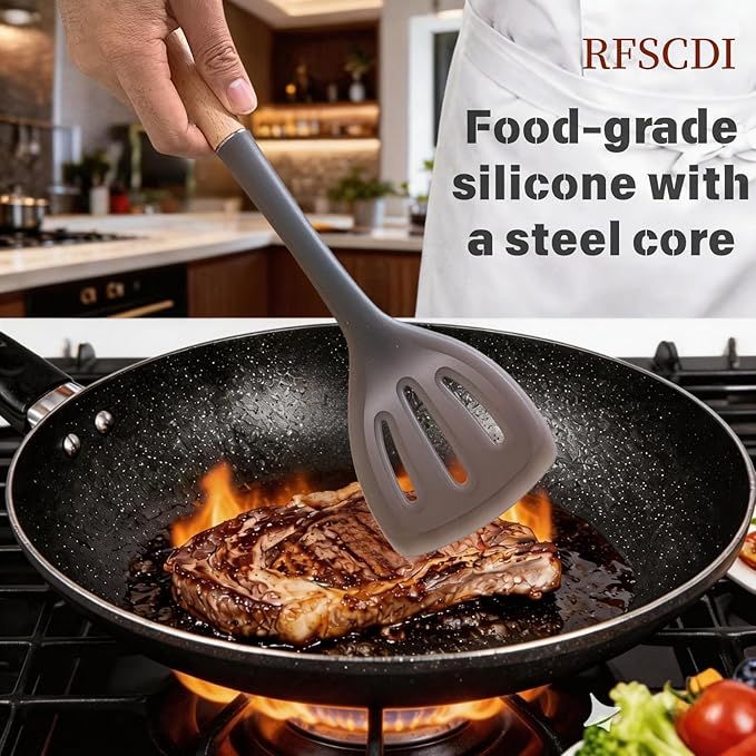 2-Piece Cooking Spatula Set - German standard Food-Grade Silicone with Steel Core, Heat Resistant Up to 500℉, Non-Stick Cooking Utensils for Kitchen with Ergonomic Non-Slip Handle (Gray)