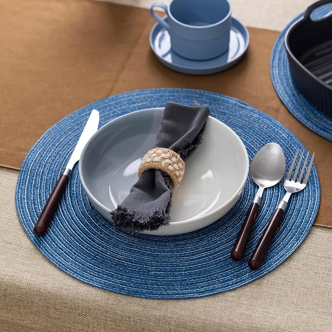 Round Placemats Set of 4 Woven Placemats Washable Braided Table Mats for Dining Table Heat Resistant Non-Slip Circle Place Mats(Mid Blue)