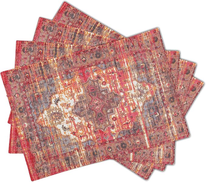 Rust Red Ethnic Boho Placemats Set of 4 Bohemian Carpet Vintage Linen Washable Kitchen Dining Southwestern Table Mats Stain Heat-Resistant Desktop Decor Place Mats for Home Party Indoor 12x18 in