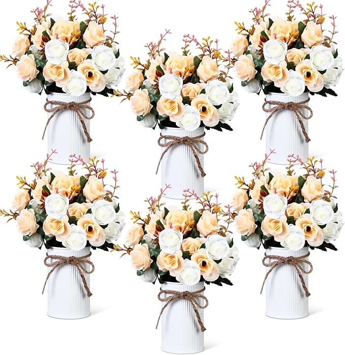 Domensi 6 Sets Wedding Centerpiece for Table Artificial Rose with Vase Fake Bouquets and Metal Pot Flower Arrangements for Bridal Shower Birthday Party Event Table Decor (Champagne)