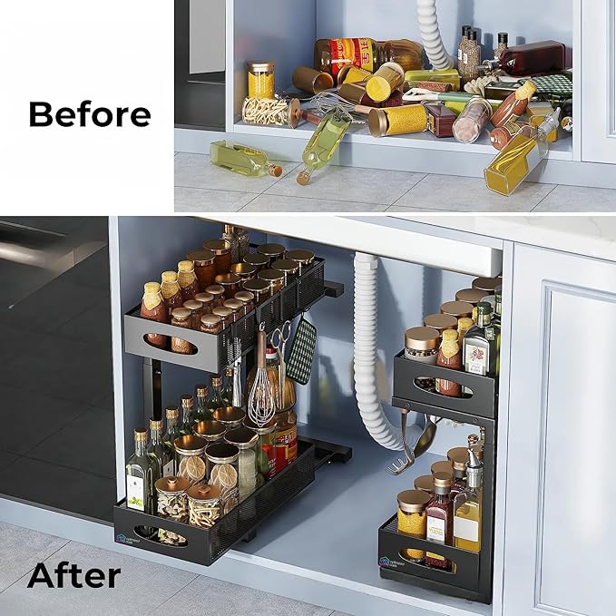 Metal Under Sink Organizer for Kitchen and Bathroom, With 3M Self Adhesive Holder, Slide Out Storage Rack, Adjustable Height, 2-Tier Easy Access Baskets, 4 Hanging Hooks