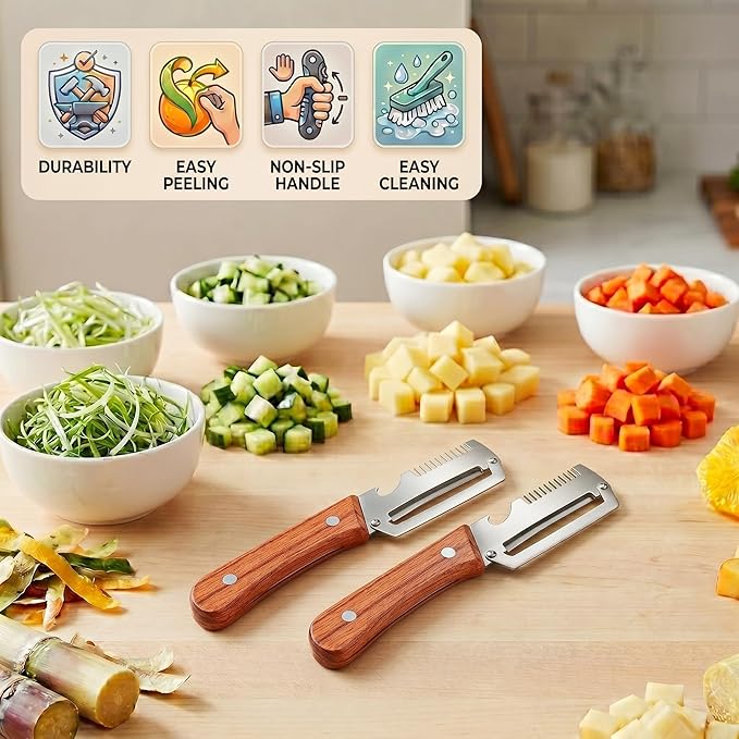 Multifunctional Vegetable Peeler for Kitchen,3 in 1 Stainless Steel Peeler with Wooden Handle and Bottle Opener Fruit Peeler Knife Scallion Shredder,Zero Snag Wooden Kitchen Tool