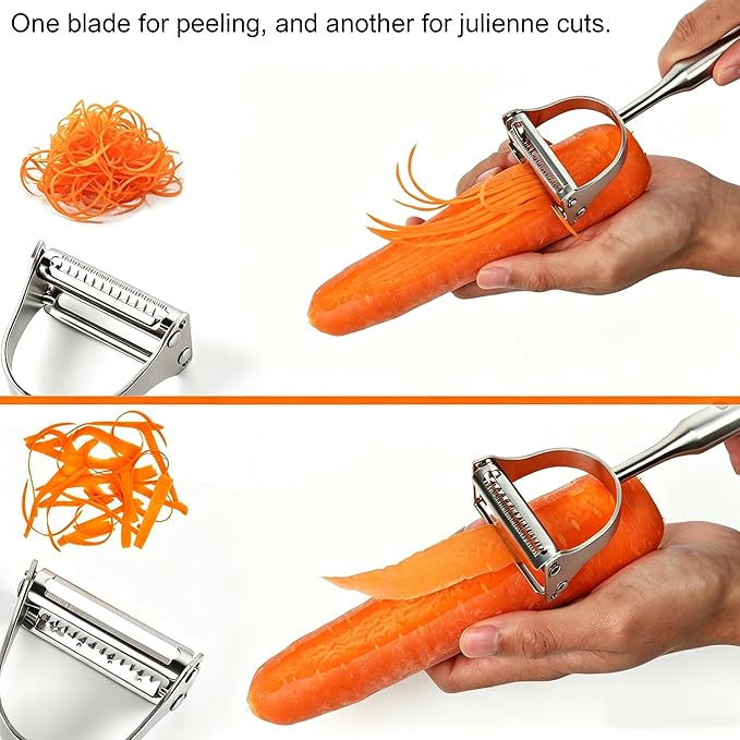 2 in 1 Vegetable Peeler, Stainless Steel Julienne Peeler, Multi-Function Design, Straight-edge blades for Peeling, Serrated blades for Julienne, for Potato Carrot Zucchini Cucumber, Kitchen Gift