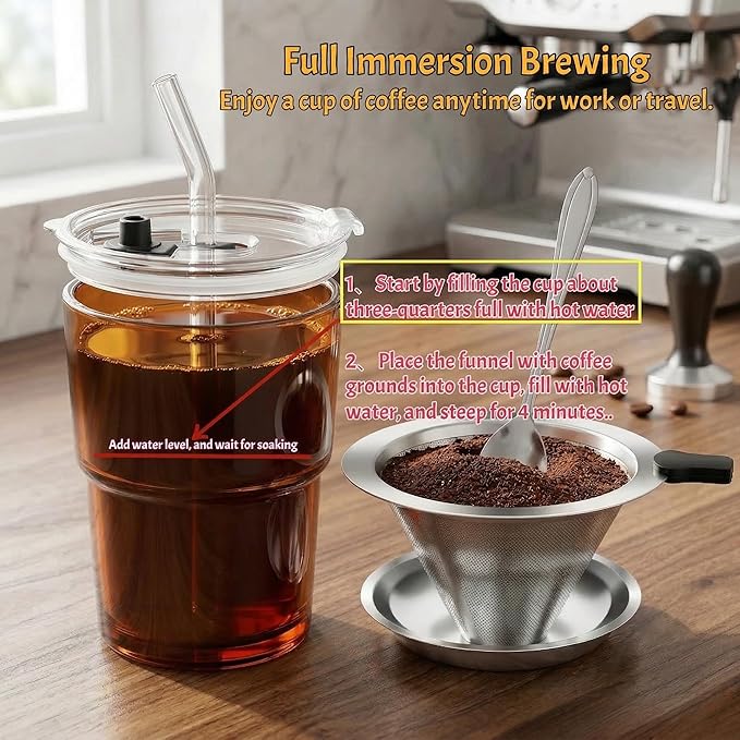 Single Serve Immersion Coffee Maker, Glass Pour Over Coffee Dripper with Reusable Stainless Steel Filter, Manual Coffee Brewer Cup for Home Office Travel-A
