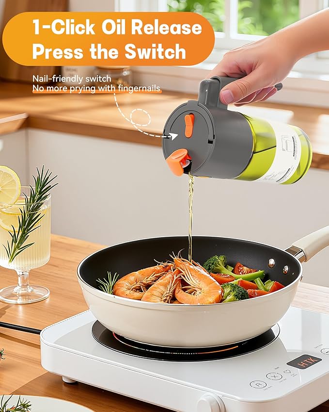 OURCABECUE Upgrade 2 in 1 Oil Sprayer for Cooking, 17oz Light-Blocking Glass Olive Oil Dispenser Bottle for Kitchen,Food-Grade Oil Mister with 8 Stickers for Salad, Frying (Green Bottle-Grey Gap)