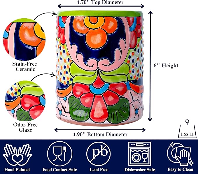Talavera Utensil Holder – Hand Painted Ceramic Spoon Crock – Colorful Utensil Crock – Large Mexican Spoon Rest – 6" H (Green)