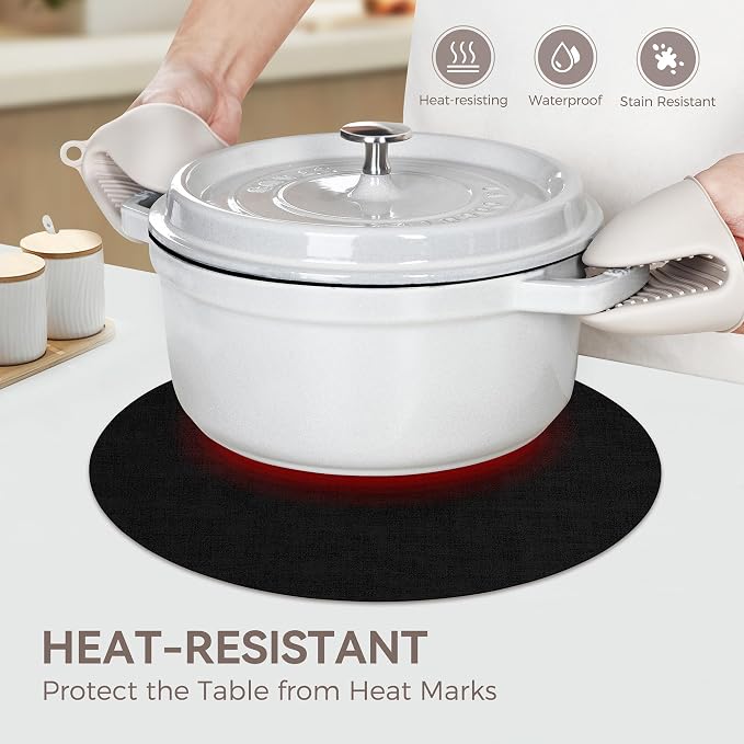 13" Round Placemats Set of 8, Reversible Faux Leather Heat Resistant Table Mats, 100% Waterproof Oilproof Wipeable Table Protective Placemats for Vinyl, Washable for Indoor (8, Black)