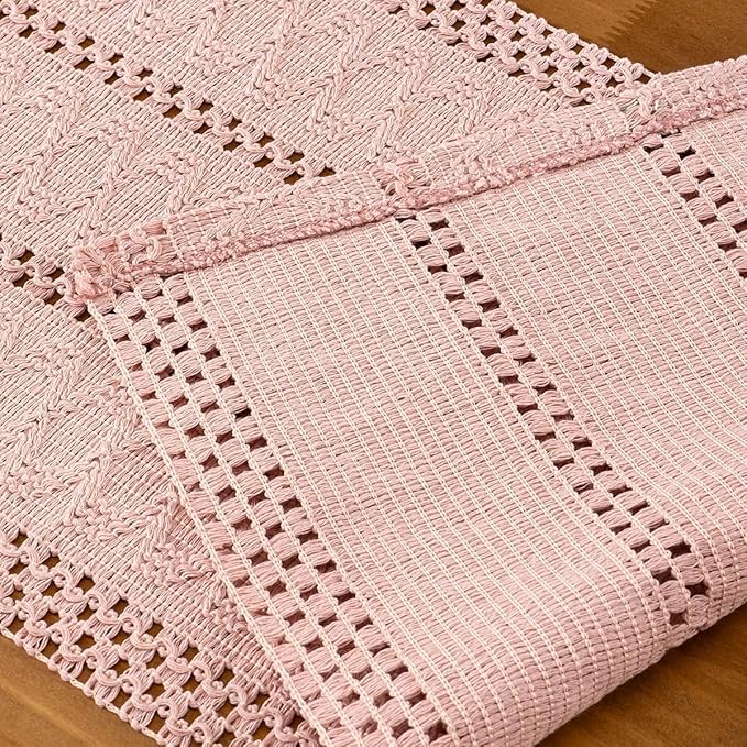 MLMC Pink Boho Table Runner Farmhouse Macrame Woven Table Runner 36 inch Long Rustic Cotton Linen Blend Table Decor for Dinning Kitchen Wedding Bridal Shower Eveyrday Use 12x36 Inch