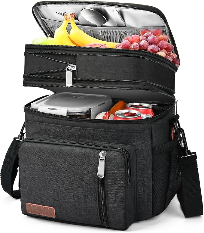 LOKASS Lunch Bag& Lunch Box for Men Women Double Deck,Large Insulated Adult Lunch Box Leakproof Lunchbox Cooler Bag for Work Picnic Beach, Black