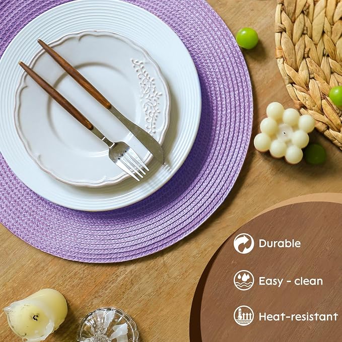 FunWheat Round Braided Placemats Set of 6 Table Mats for Dining Tables Woven Washable Non-Slip Place mats 15 inch(Lilac Purple, 6pcs)