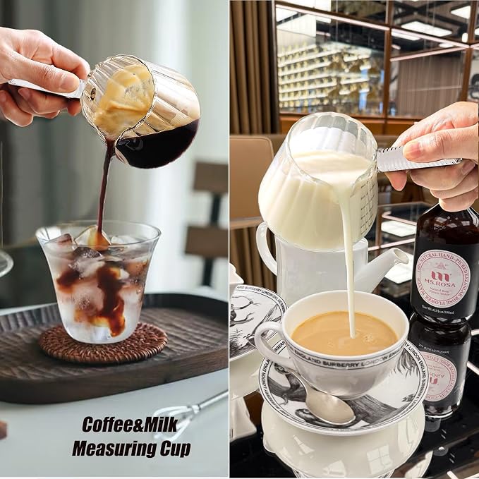 FANTESTICRYAN 6OZ Measuring Cup, Ribbed Borosilicate Glass Espresso Cup, V-Shaped Spout Drain Espresso Double Shots, Coffee Milk Tea Accessories (Clear, Glass Handle)