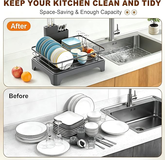 Dish Drying Rack for Kitchen Counter, Dish Rack, Dish Drainer for Kitchen with Built-in Drain, Stainless Steel Sink Organization and Storage Essentials with Cutlery Holder (17" x 13.4", Gray)