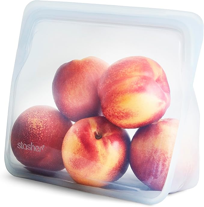 Stasher Reusable Silicone Storage Bags, Food Storage Containers, Microwave and Dishwasher Safe, Leak-free, Stand Up - Mid (Clear) and Mega (Aqua)